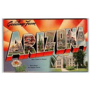 Greetings From Arizona Big Letter Linen Postcard Tichnor Bros Vintage c1940